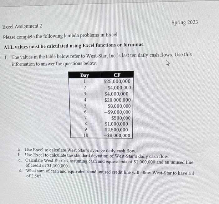 Spring 2023 Excel Assignment 2 Please complete the following lambda problems