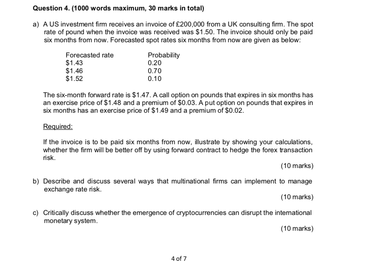  Question 4. (1000 words maximum, 30 marks in total) a) A