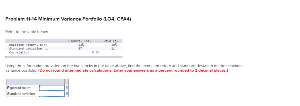  Problem 11-14 Minimum Variance Portfolio (LO4, CFA4) Refer to the table