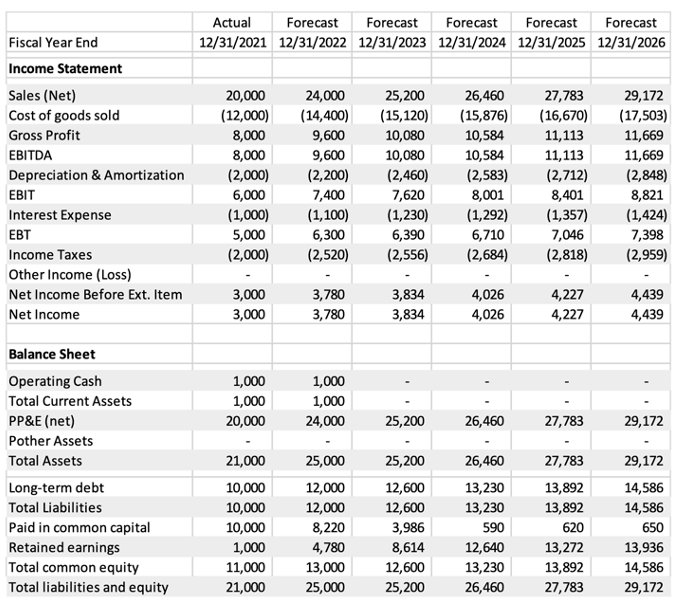 Table 1 presents the forecasted financial statements that extend into the infinite