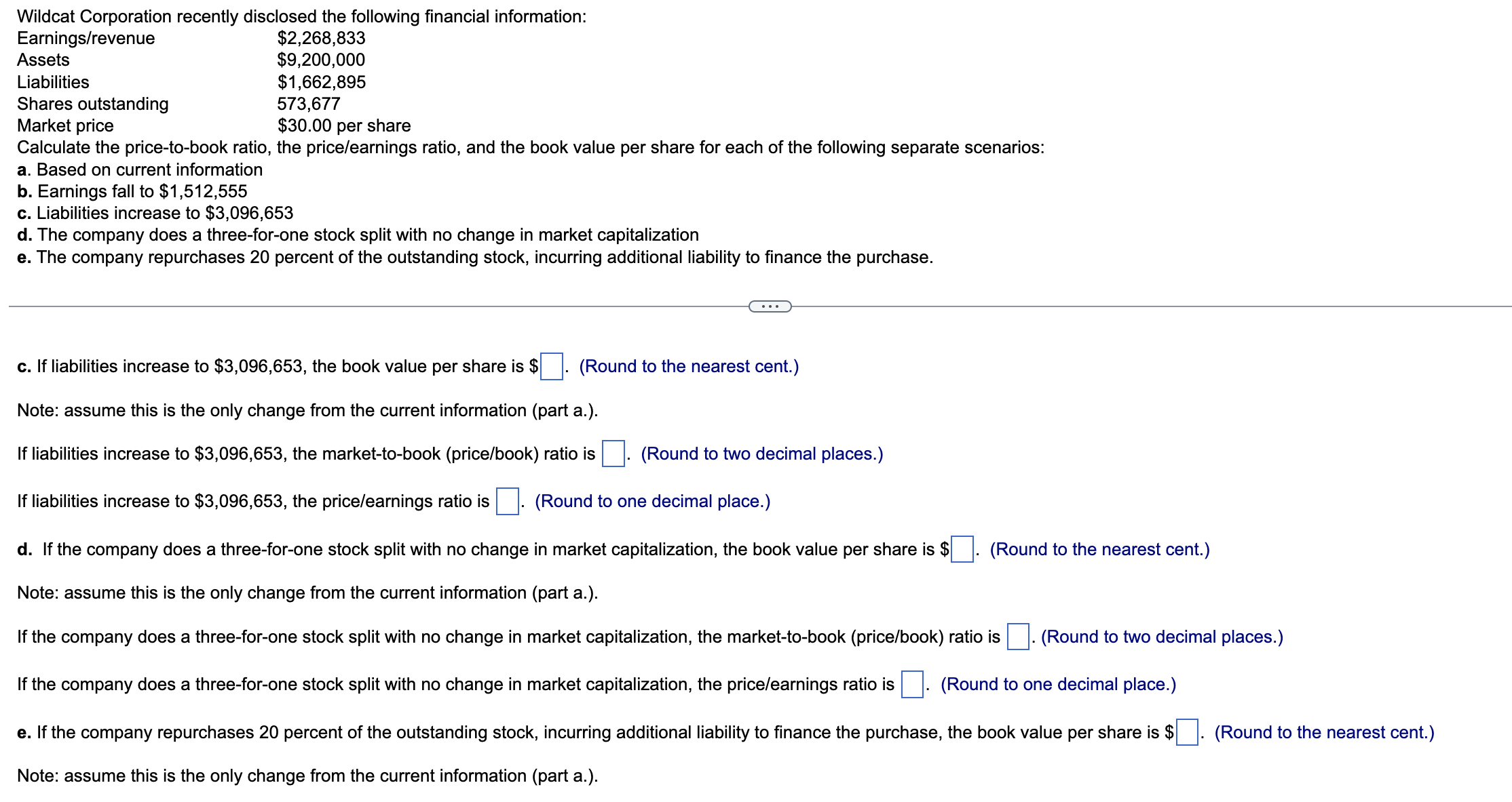 the price/earnings ratio, and the book value per share for each of
