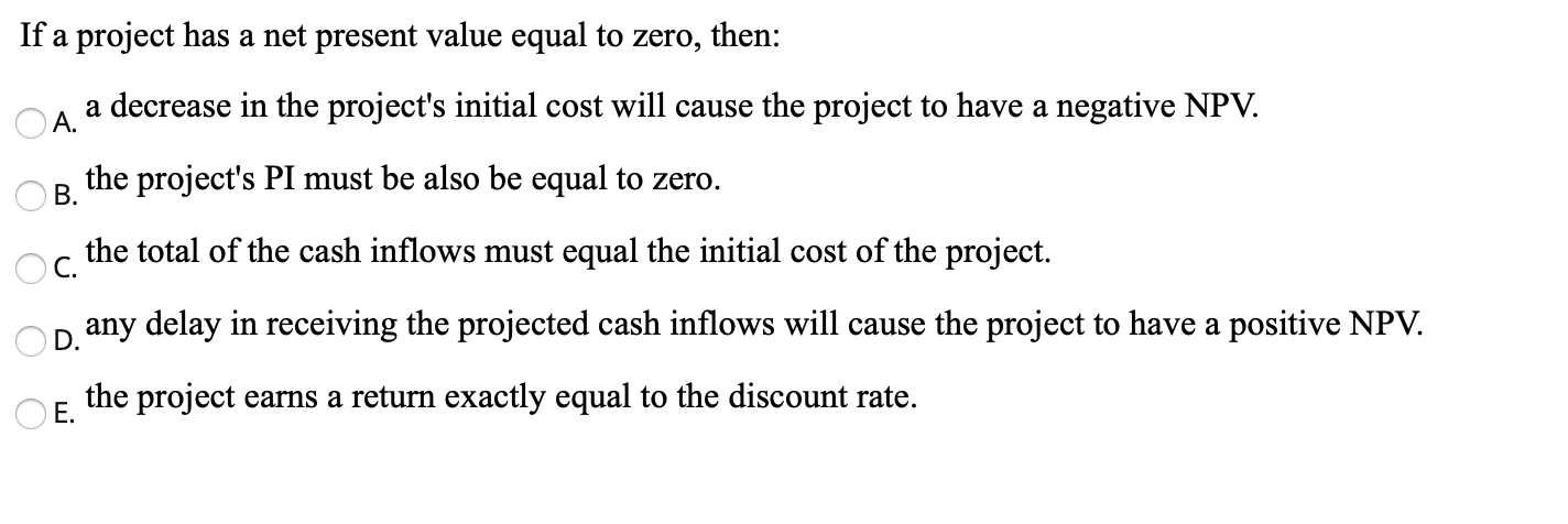  If a project has a net present value equal to zero,