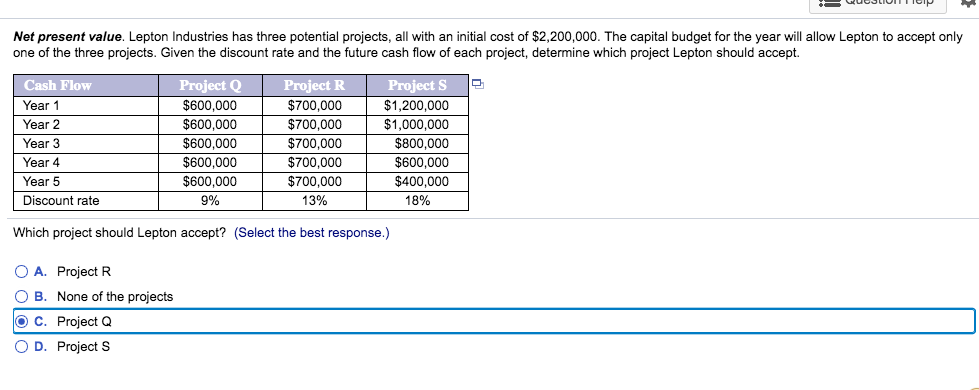  Ecuestio Net present value. Lepton Industries has three potential projects, all