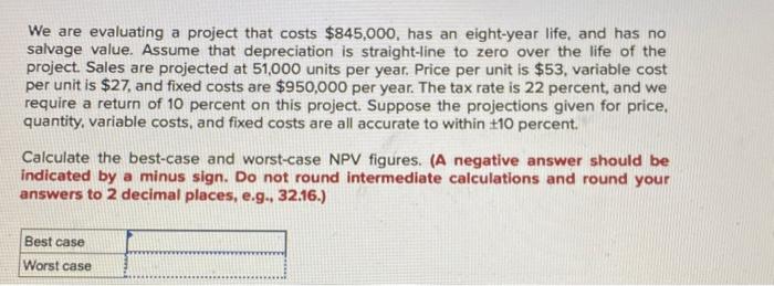  We are evaluating a project that costs $845,000, has an eight-year