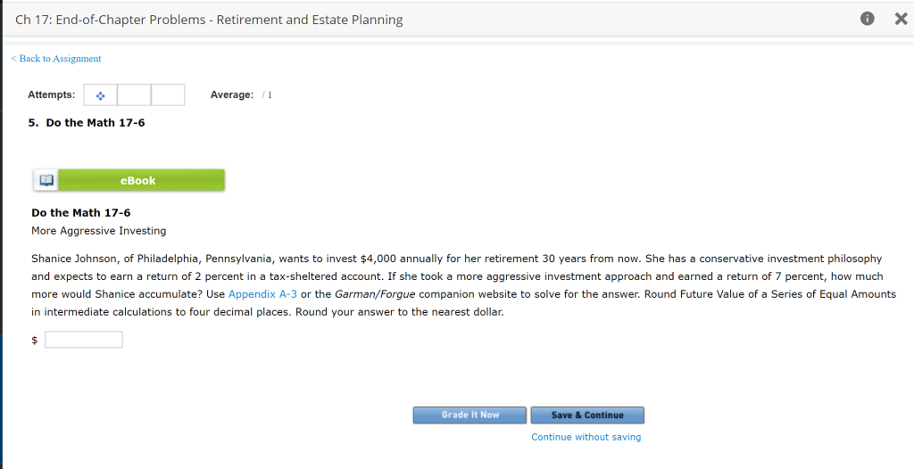 Ch 17: End-of-Chapter Problems - Retirement and Estate Planning 0 x