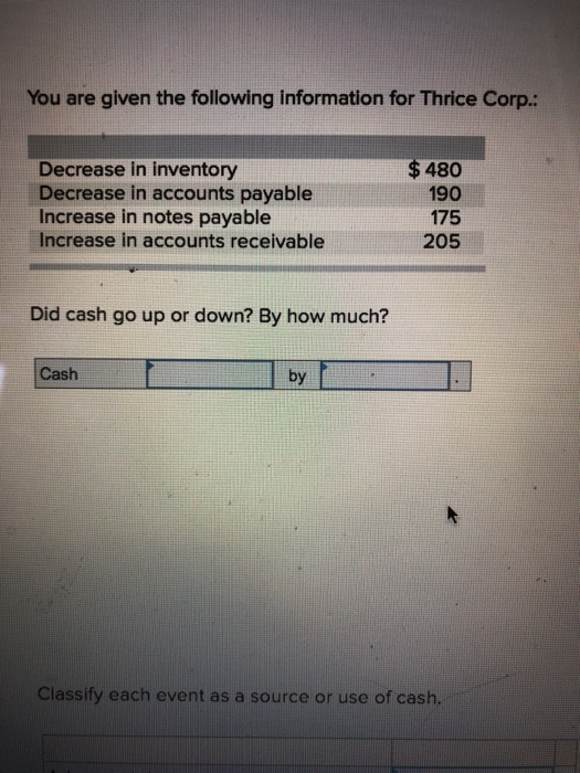  You are given the following information for Thrice Corp: Decrease in
