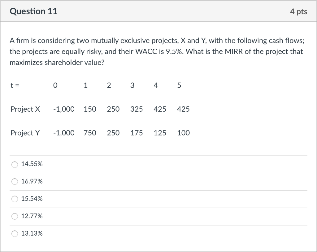 Question 11 4 pts A firm is considering two mutually exclusive