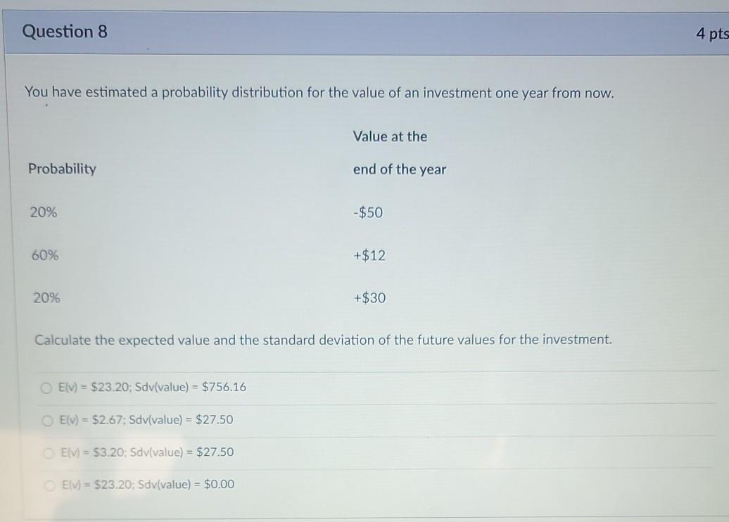 Question 8 4 pts You have estimated a probability distribution for