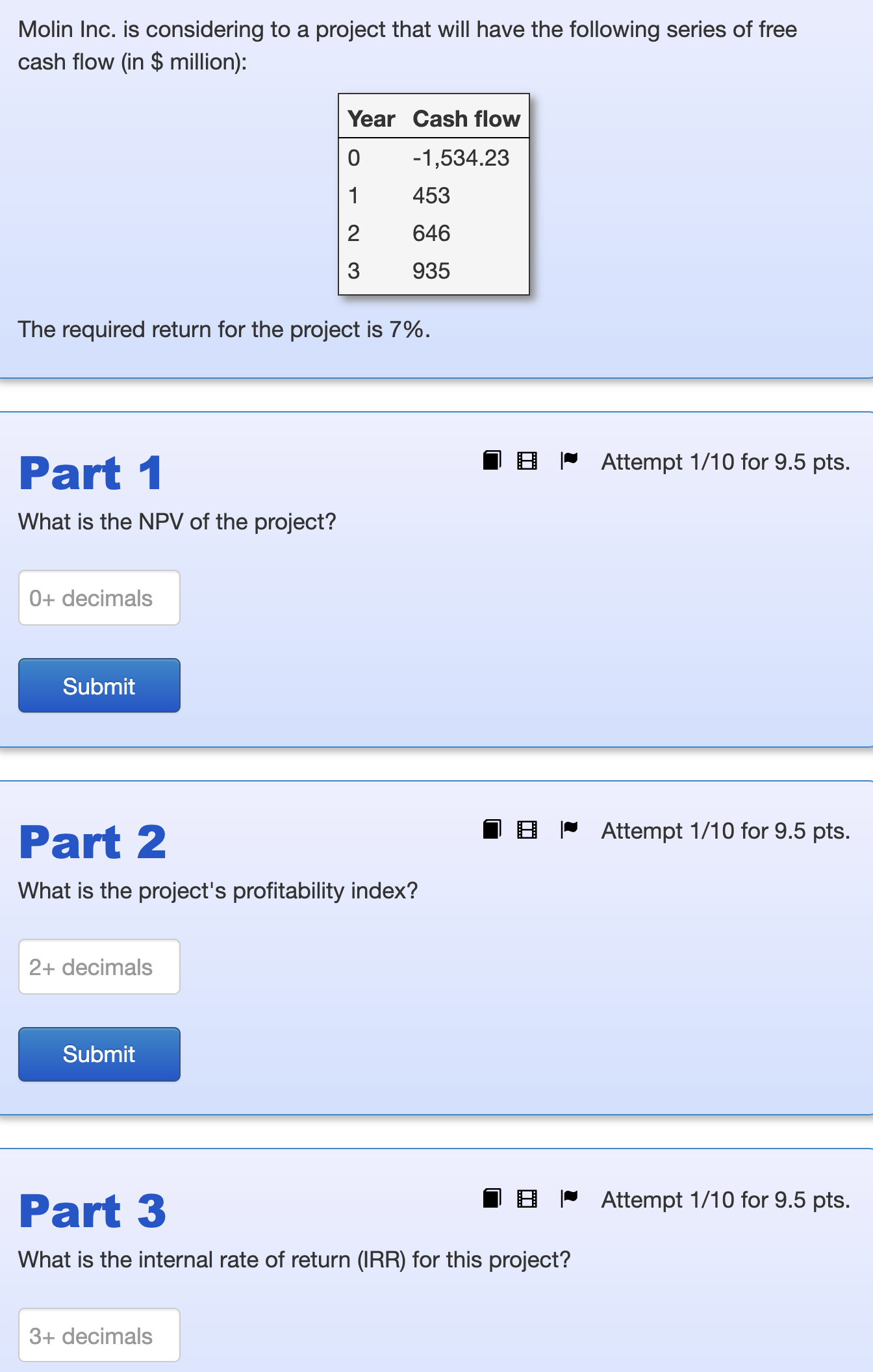 Molin Inc. is considering to a project that will have the