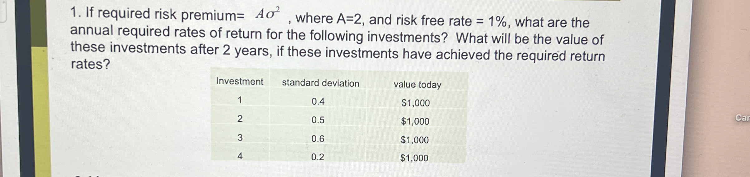  If required risk premium =A2, where A=2, and risk free rate