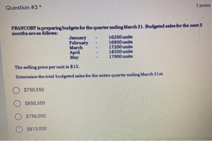  Question #3* 2 points FRANCORP is preparing budgets for the quarter