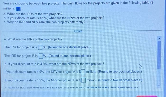  You are choosing between two projects. The cash flows for the