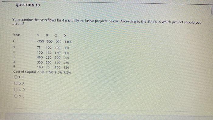  QUESTION 13 You examine the cash flows for 4 mutually exclusive