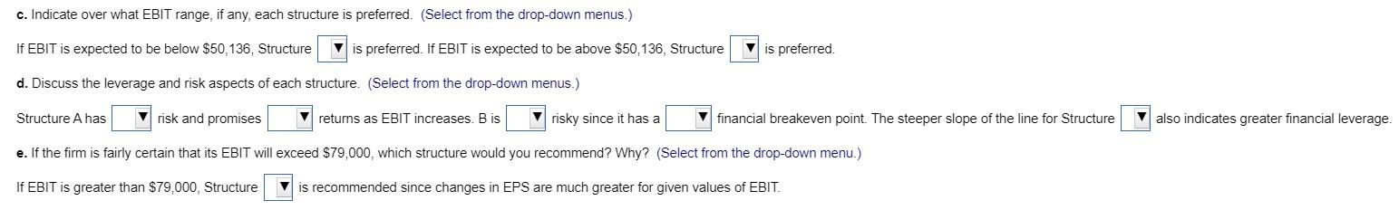 c. Indicate over what EBIT range, if any, each structure is preferred.