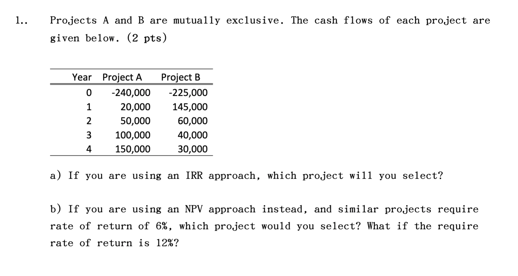  1.. Projects A and B are mutually exclusive. The cash flows