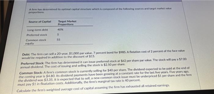  A firm has determined its optimal capital structure which is composed