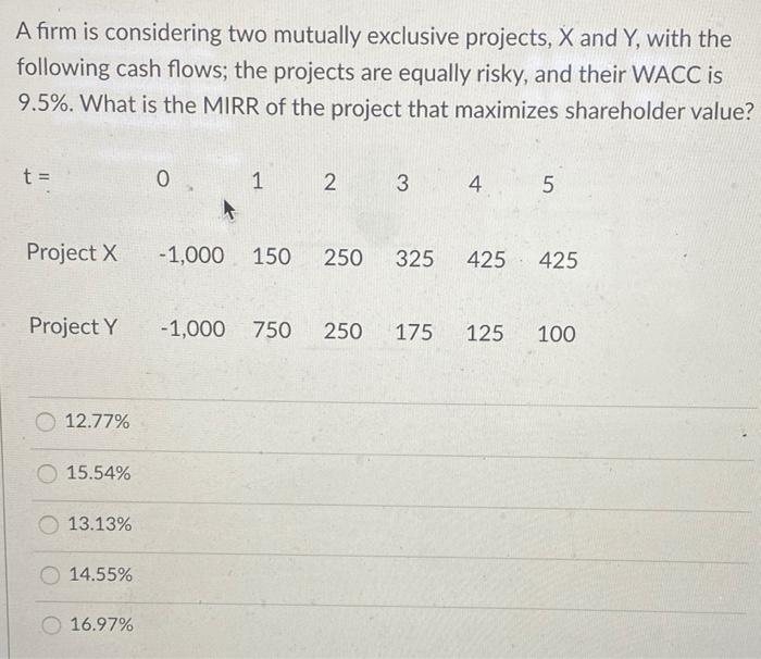  A firm is considering two mutually exclusive projects, X and Y,
