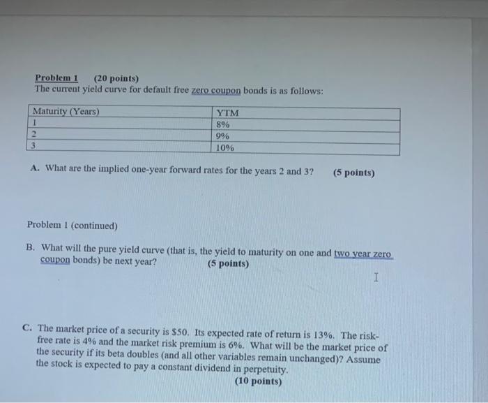  Problem 1 (20 points) The current yield curve for default free