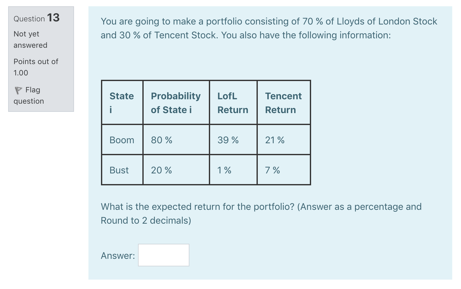 as a percentage) (Round to 2 decimals) Answer: Question 4 Consider the