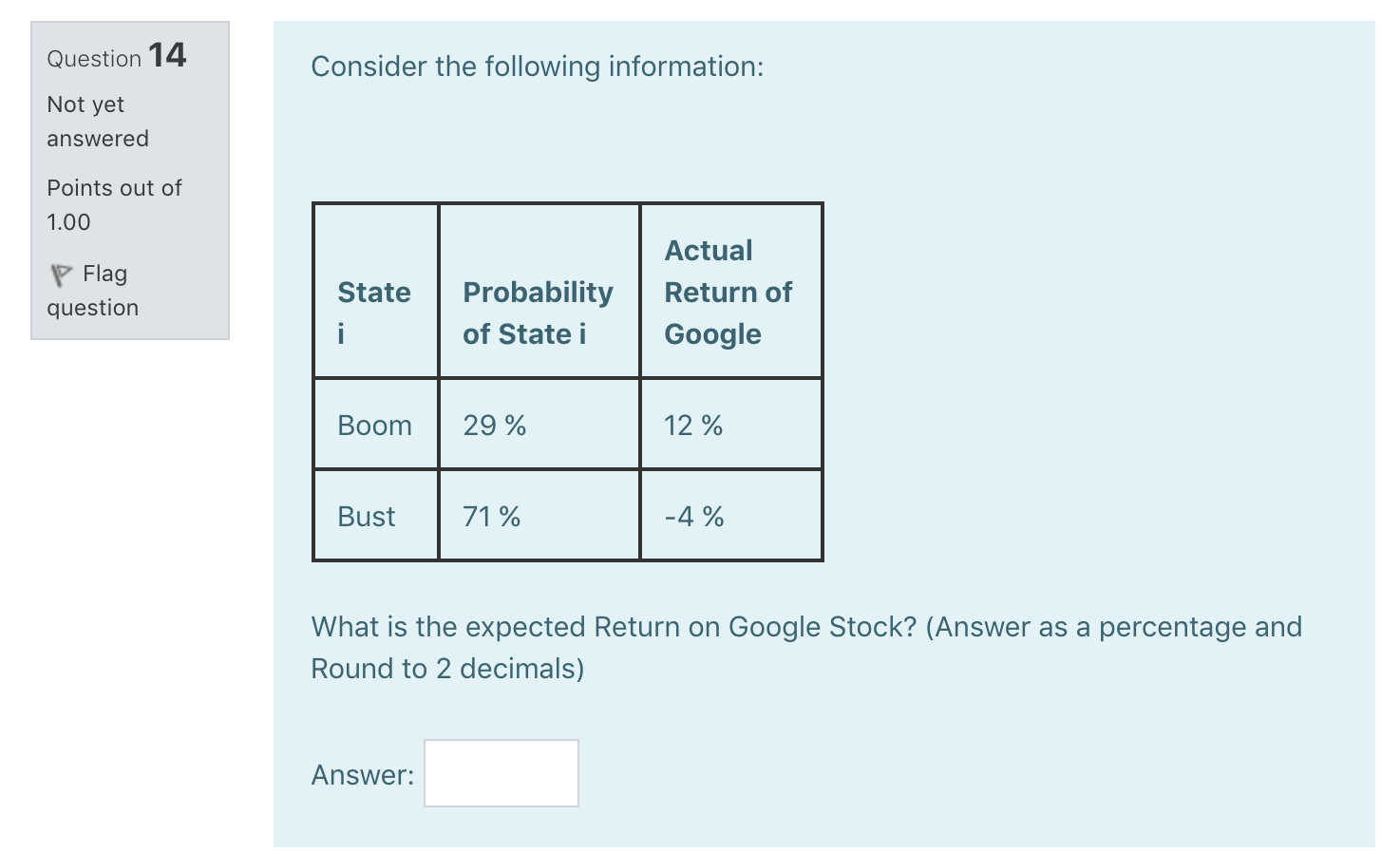 following information: Not yet answered Points out of 1.00 Flag question Actual