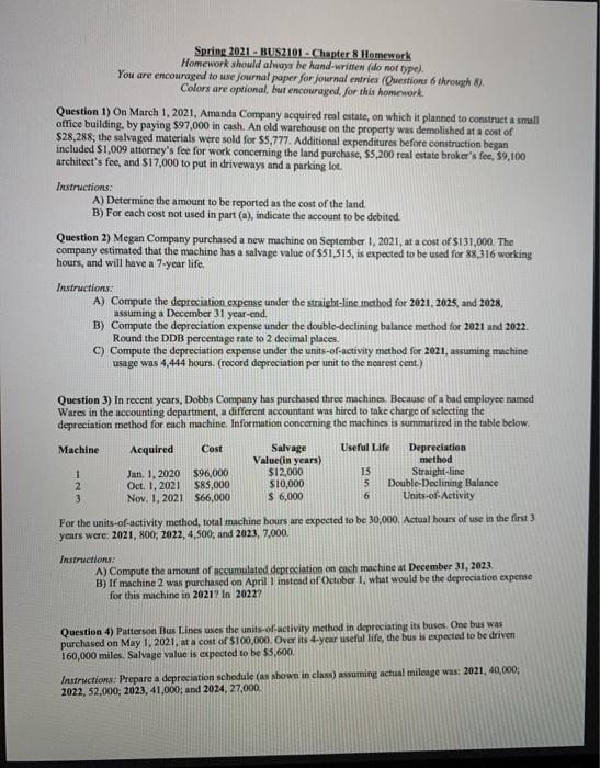  Spring 2021. BUS2101 - Chapter 8 Homework Homework should always be