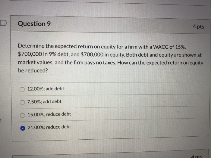 Question 9 4 pts Determine the expected return on equity for