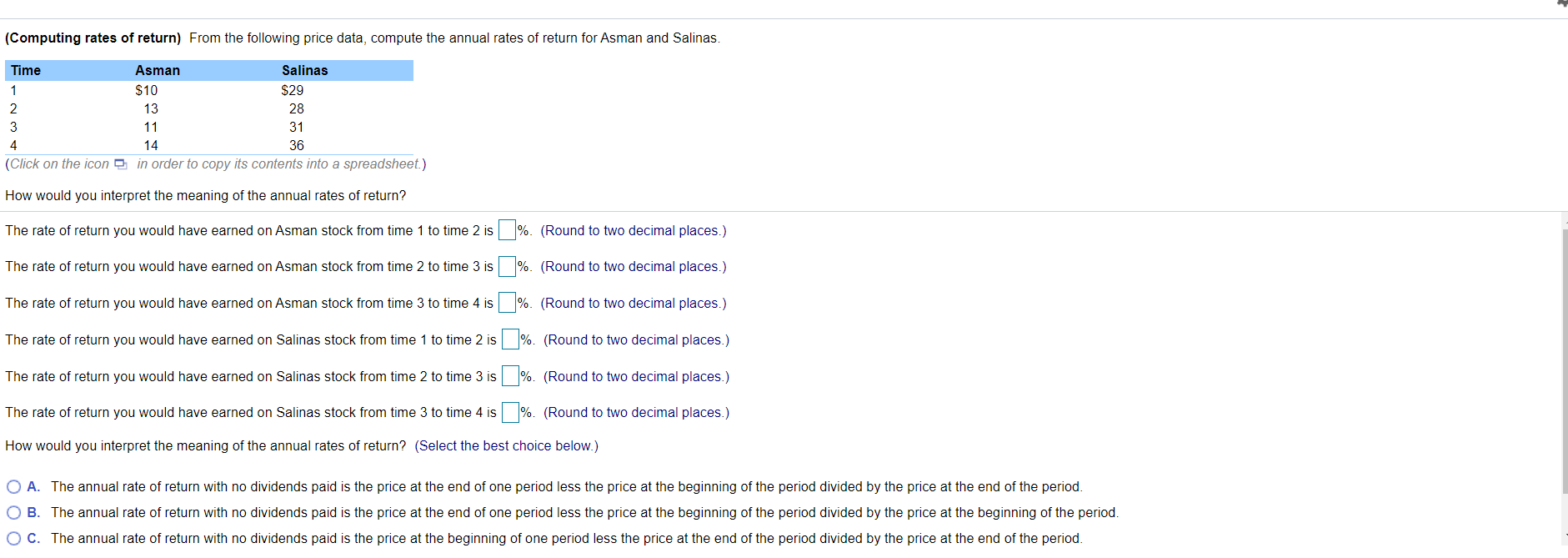  (Computing rates of return) From the following price data, compute the