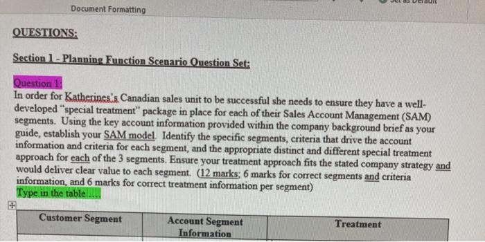  Document Formatting QUESTIONS: Section 1 - Planning Function Scenario Question Set: