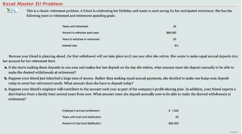  -- Please answer A, B, and C. Excel Master It! Problem