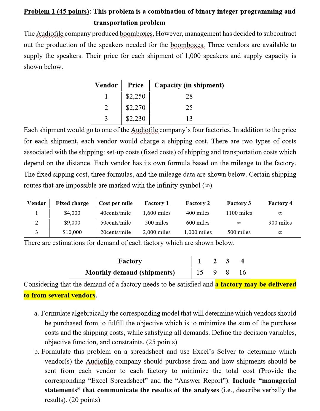 Transportation and Integer Binary Programming ProblemsProblems Problem 1 (45 points): This problem