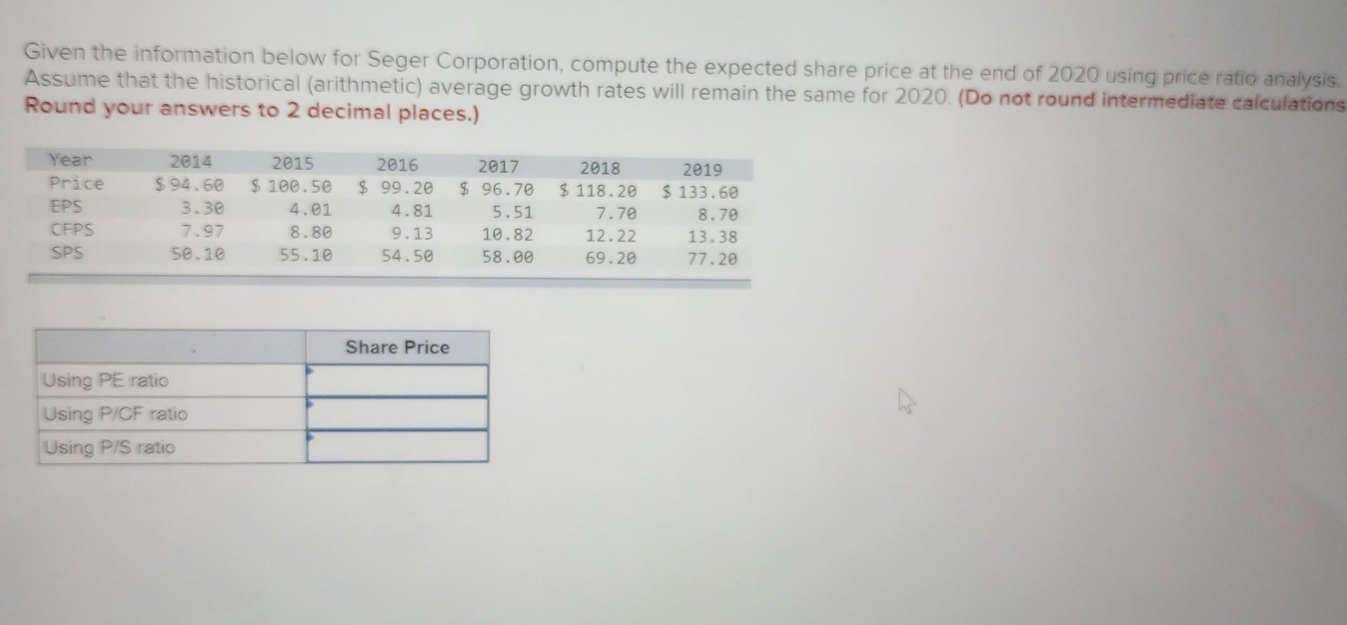  Given the information below for Seger Corporation, compute the expected share