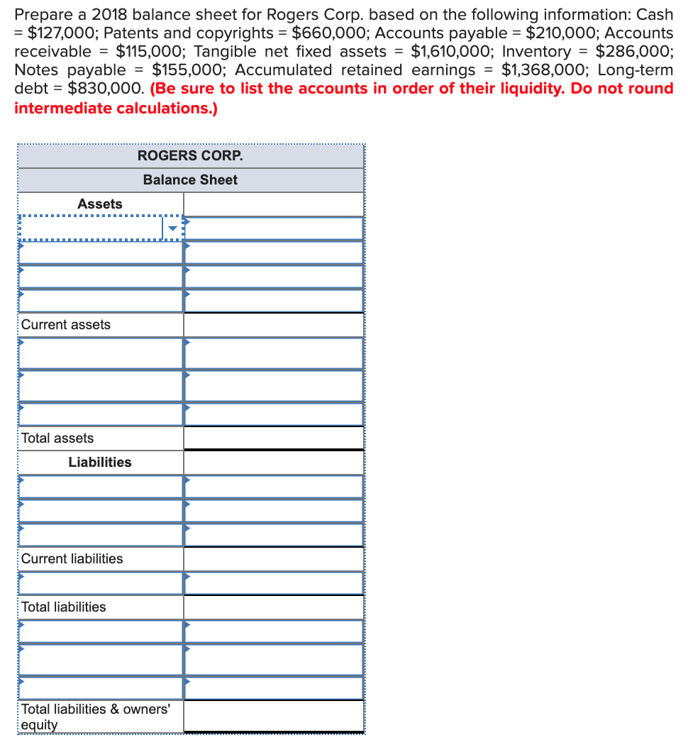  Prepare a 2018 balance sheet for Rogers Corp. based on the