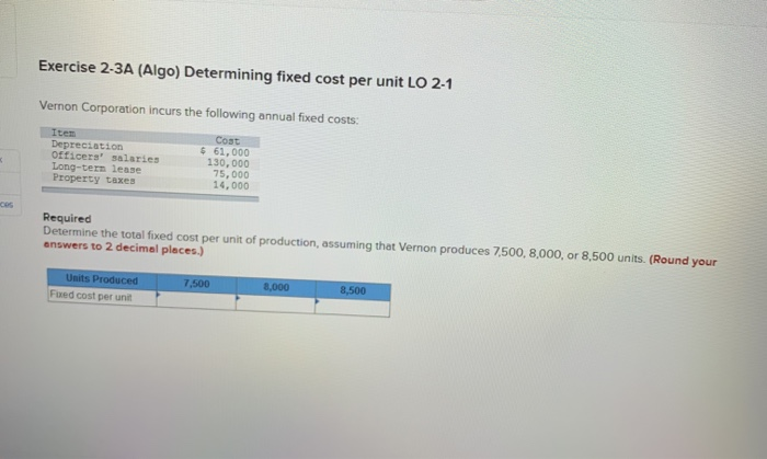  Exercise 2-3A (Algo) Determining fixed cost per unit LO 2-1 Vernon