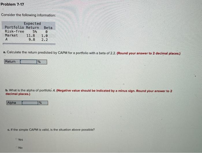  Problem 7-17 Consider the following information: Expected Portfolio Return Beta Risk-free