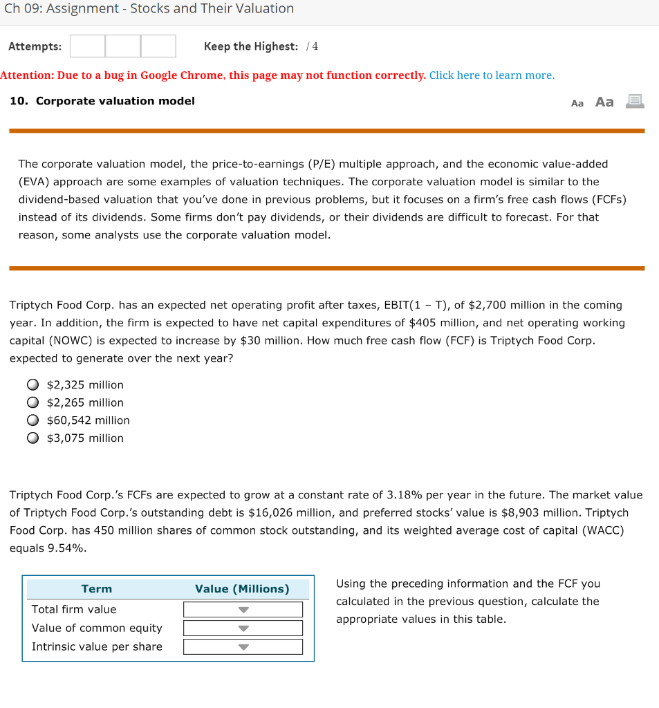  Ch 09: Assignment - Stocks and Their Valuation Attempts: Keep the