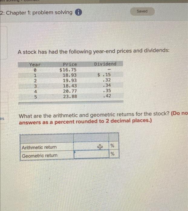  2: Chapter 1: problem solving i Saved A stock has had