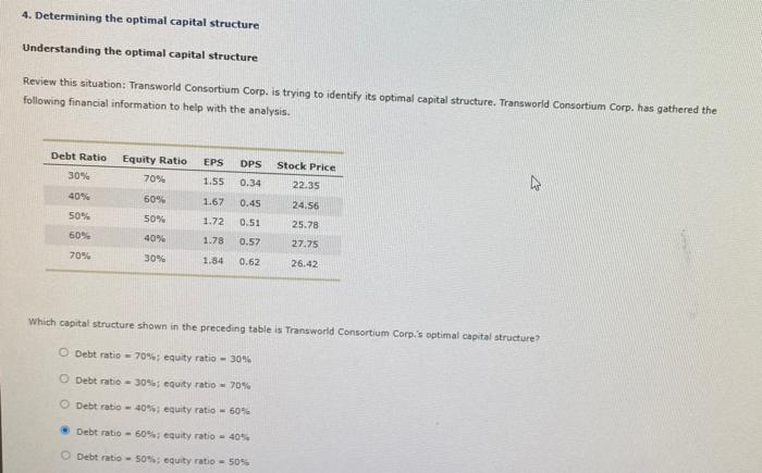  4. Determining the optimal capital structure Understanding the optimal capital structure
