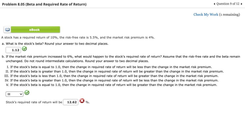 Problem 8.05 (Beta and Required Rate of Return) Question 9 of
