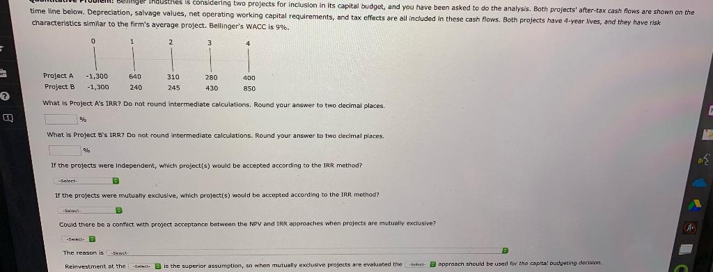 bellinger Industhesis considering two projects for inclusion in its capital budget,