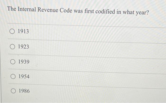  The Internal Revenue Code was first codified in what year? 1913