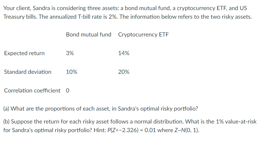  Your client, Sandra is considering three assets: a bond mutual fund,