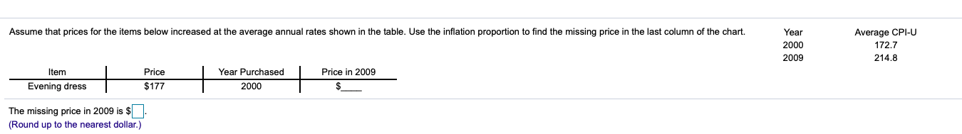 Assume that prices for the items below increased at the average