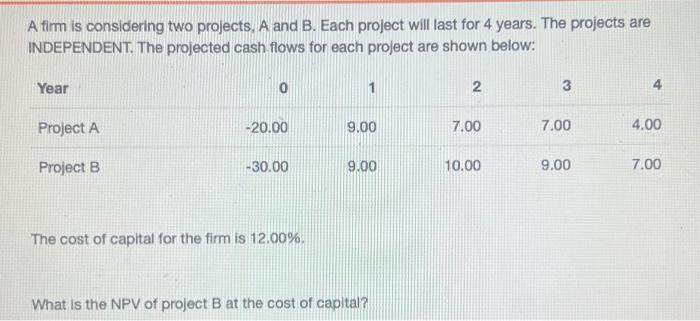  A firm is considering two projects, A and B. Each project