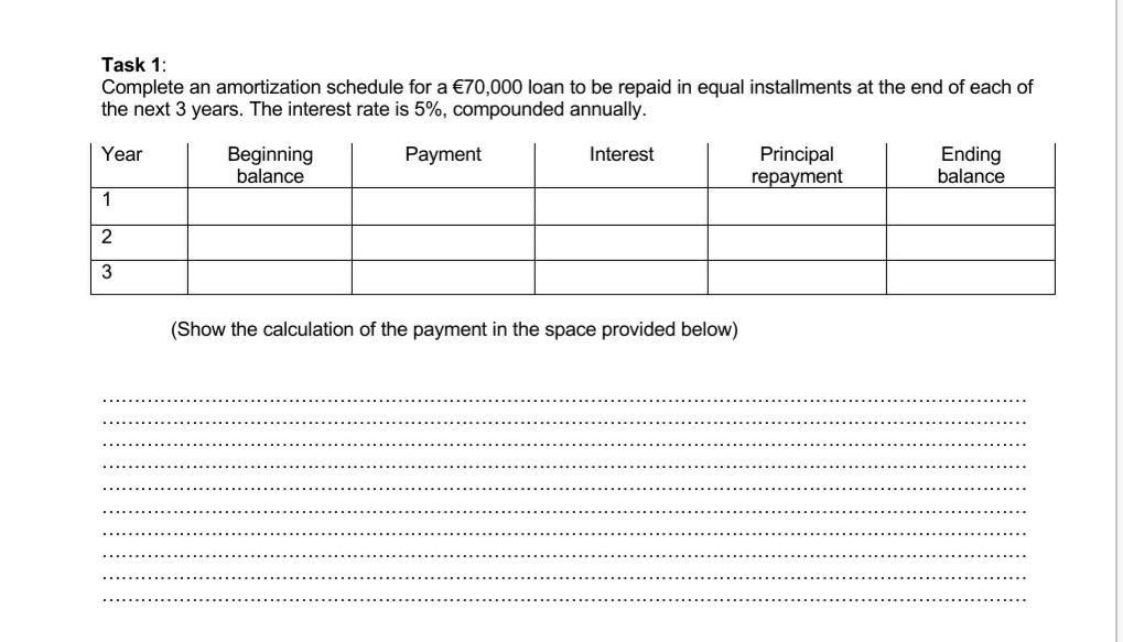  Task 1: Complete an amortization schedule for a 70,000 loan to