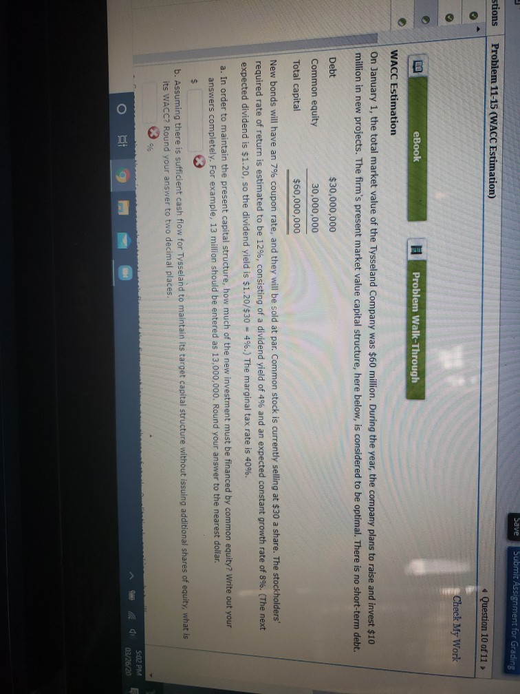  Save Submit Assignment for Grading stions Problem 11-15 (WACC Estimation) Question