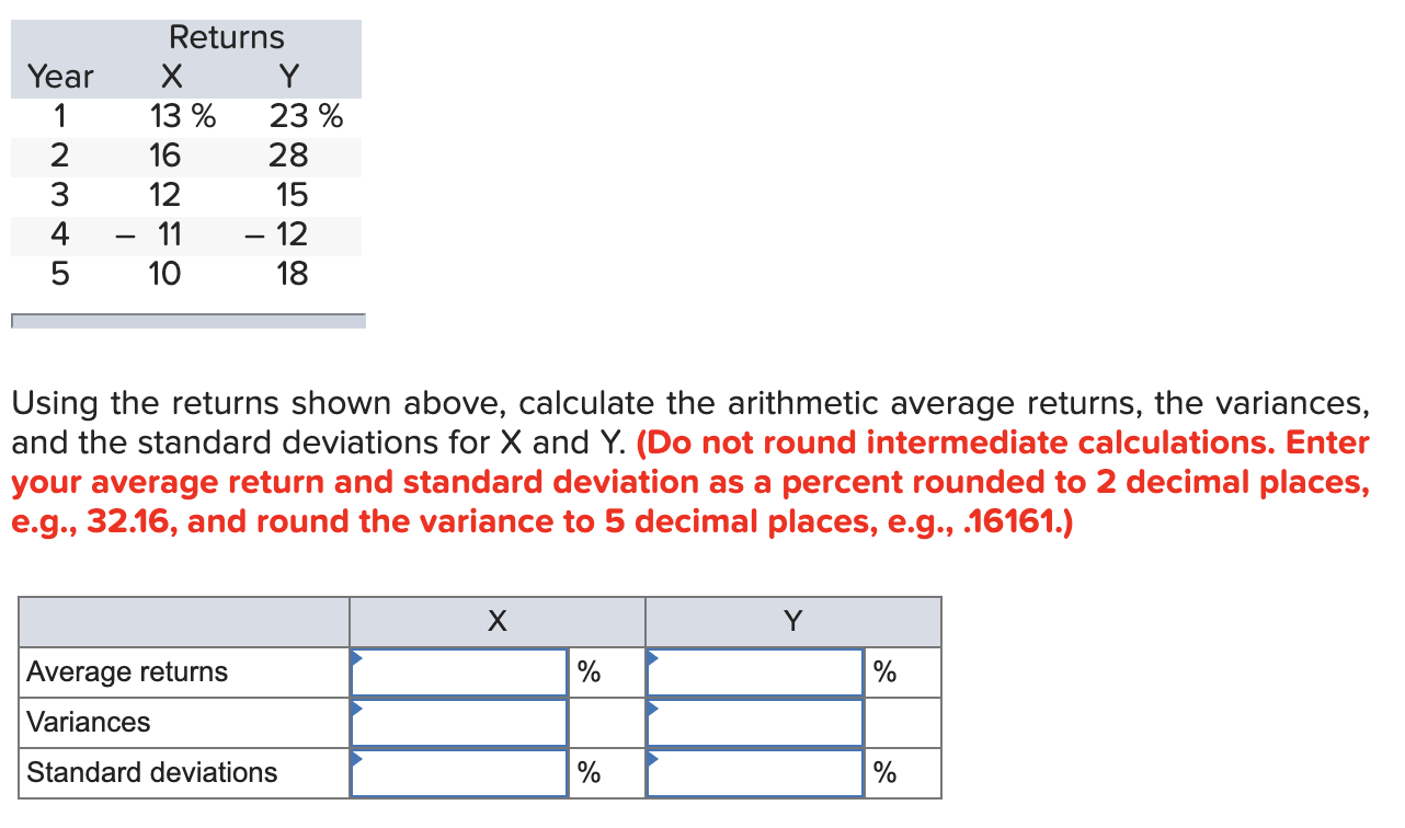Using the returns shown in the table , calculate the arithmetic average