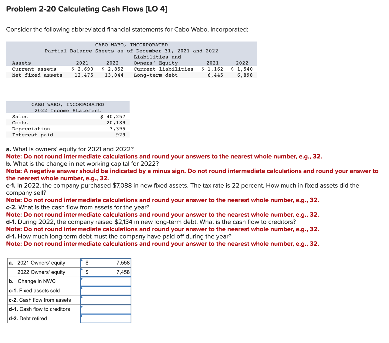 I need help solving B - D2 Thanks! Problem 2-20 Calculating Cash