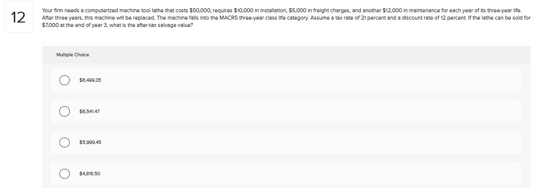  Your firm needs a computerized machine tool lathe that costs $50.000