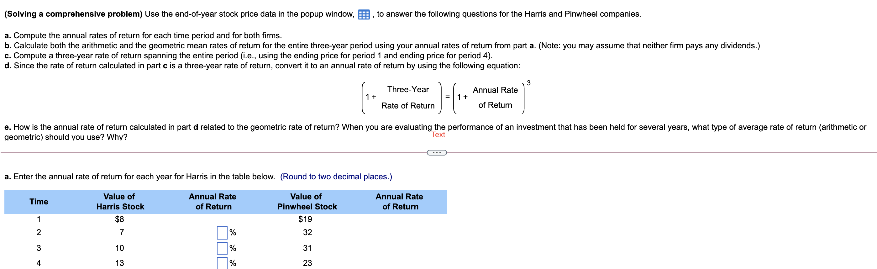 (Solving a comprehensive problem) Use the end-of-year stock price data in
