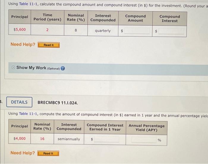  Using Table 11-1, calculate the compound amount and compound interest (in
